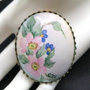 Vintage Hand Painted Mid-Century Brooch, Ceramic Painted Floral Pin, 2 Inches